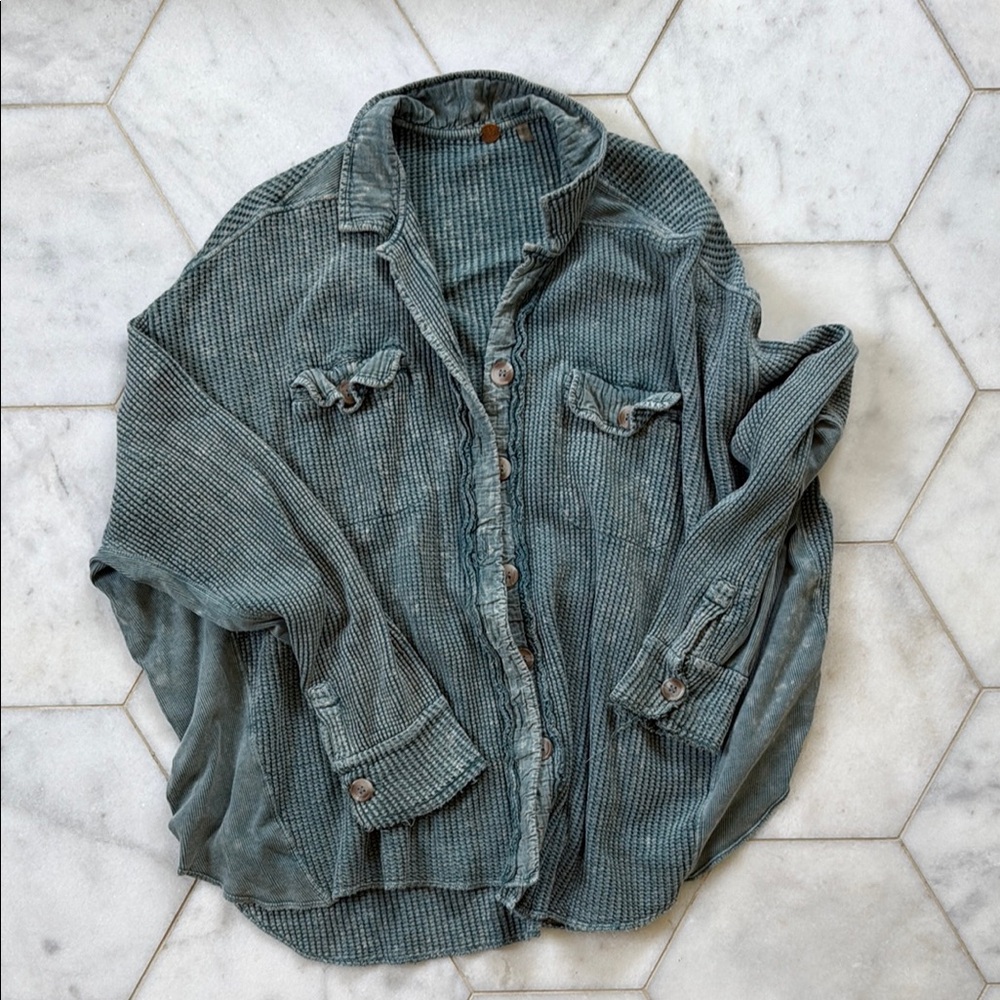 Green Free People Scout Button-Up Waffle Knit Shirt/ jacket